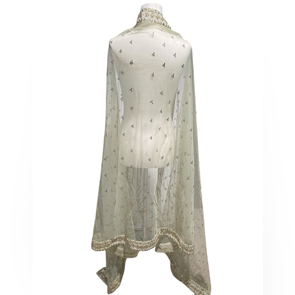 Elegant Sheer Shawl with Gold Embellishments Indian Shawl Dupatta Zari Green - Picture 2 of 4